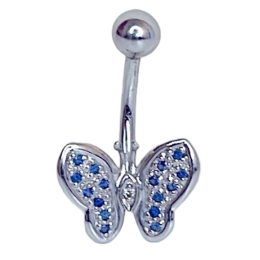 New 14K White Gold Genuine Sapphire & Diamond Butterfly Navel Belly Button Ring